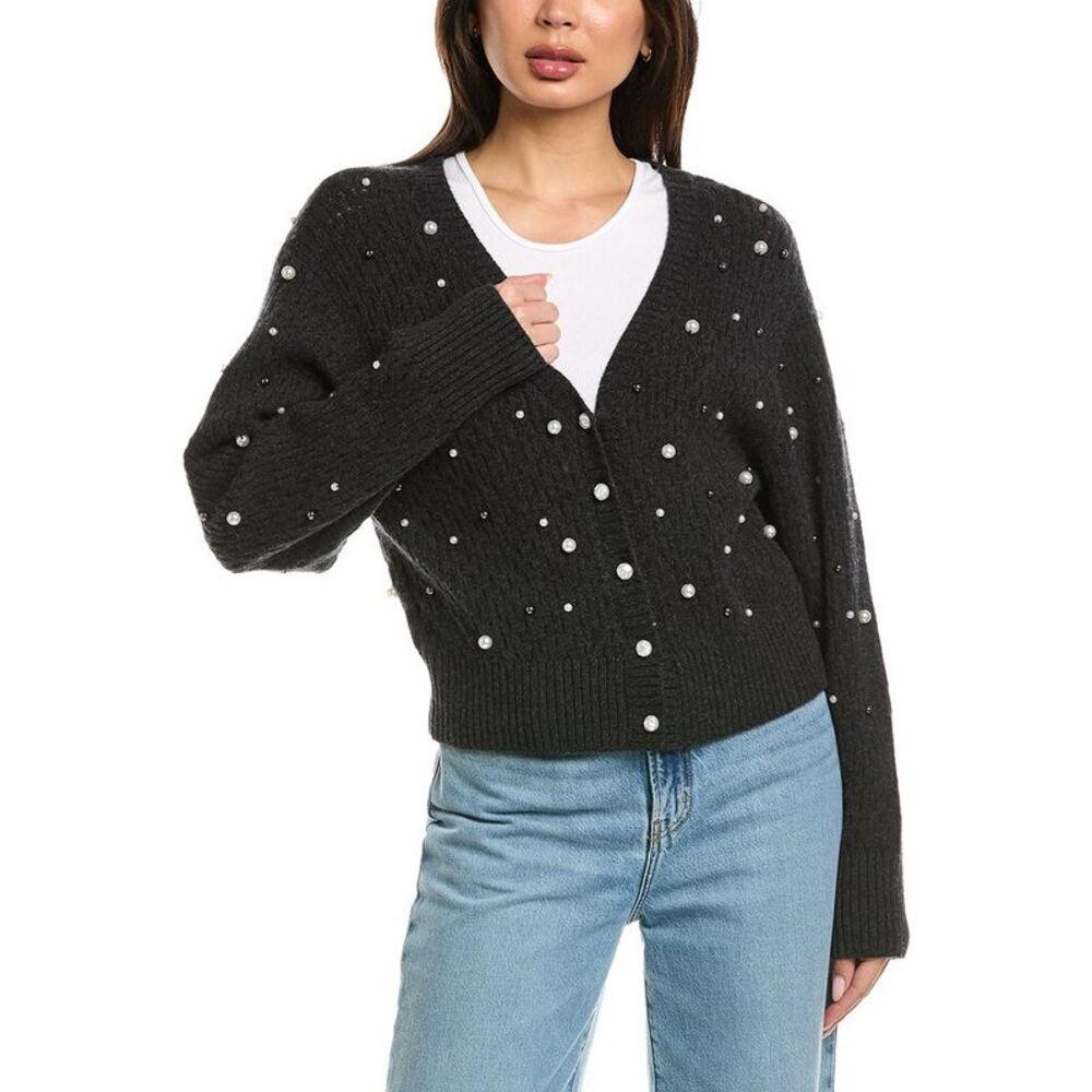 Brodie Cashmere Womens Beverley Bead Button Back 100% Cashmere Sweater, Gray